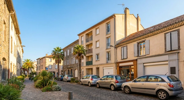 Photographie en perspective au niveau du sol montrant une rue typique d'Agde avec des b&acirc;timents r&eacute;sidentiels ou commerciaux, repr&eacute;sentatifs du tissu urbain local. L'image doit mettre en avant les habitations et immeubles o&ugrave; intervient une entreprise de pl&acirc;trerie et r&eacute;novation int&eacute;rieure, avec une vue claire de la zone b&acirc;tie. Pas de texte, logo ou filigrane visible.