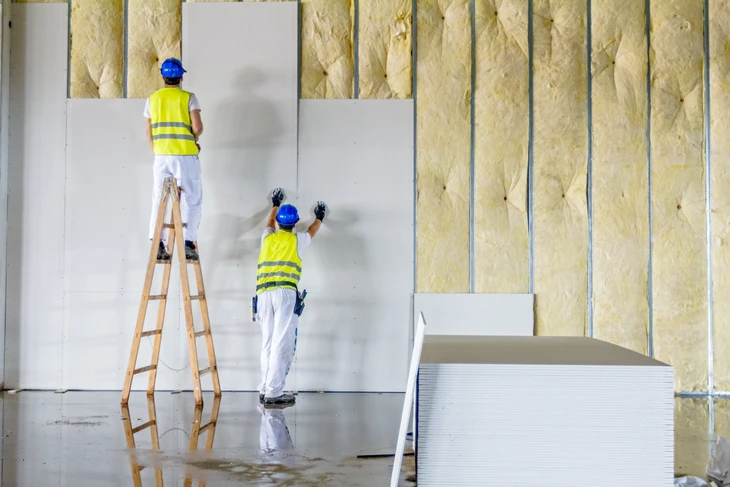 Ouvrier en b&acirc;timent appliquant un enduit sur mur int&eacute;rieur avec truelle, portant casque orange et combinaison grise