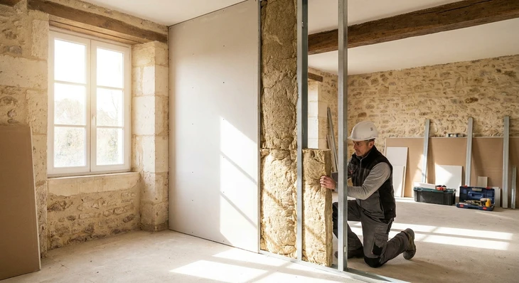 Ouvrier en combinaison de protection blanche et masque installant des panneaux d'isolation thermique dans les combles d'une habitation