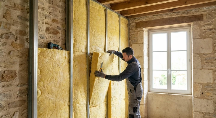 Un ouvrier du bâtiment isole le mur de la maison en briques avec des nattes de laine de roche