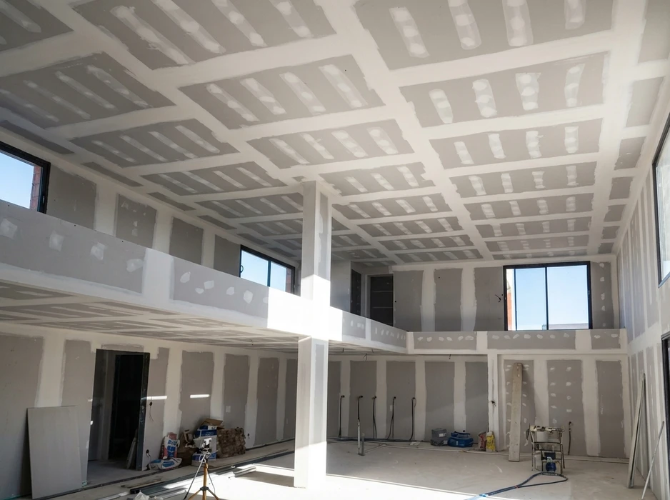 Intérieur d'un bâtiment en cours de construction, grand volume à double hauteur