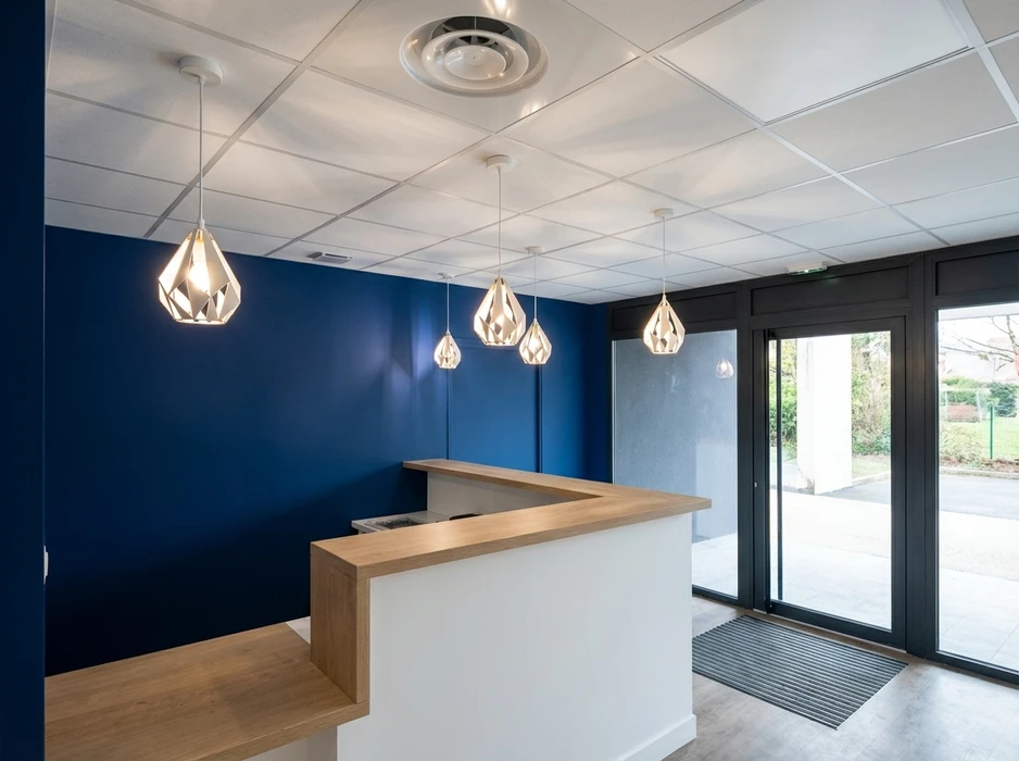 Plafond suspendu à double niveaux avec éclairage indirect LED intégré dans une corniche en plâtre, complété par des spots encastrés type downlights