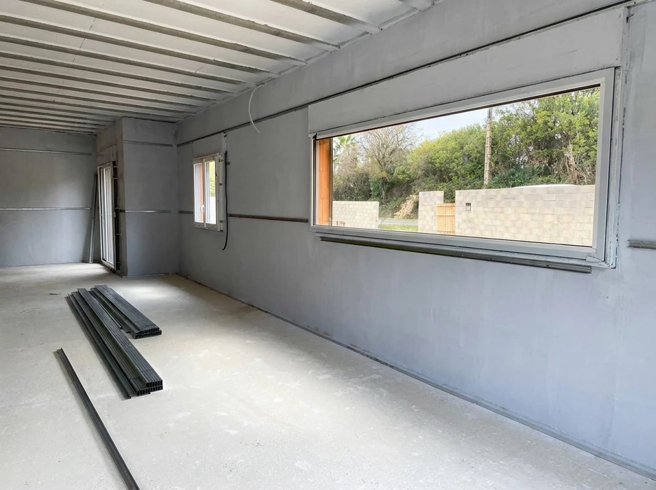 Intérieur brut d'un bâtiment en cours de construction, pièce principale vide aux murs enduits gris
